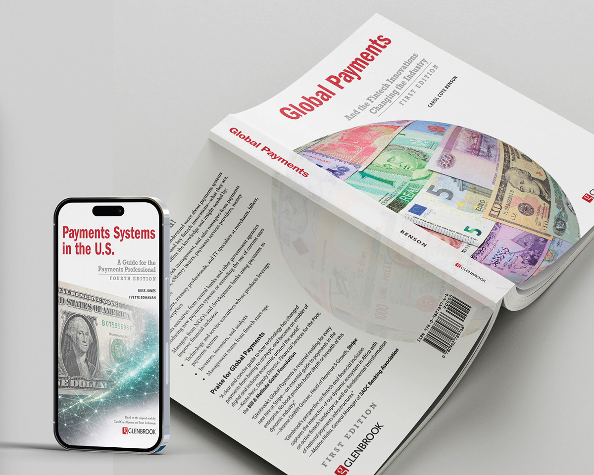 "Payments Systems in the U.S. - A Guide for the Payments Professional" Fourth Edition by Russ Jones and Yvette Bohanan from Glenbrook in paperback and as PDF on a phone